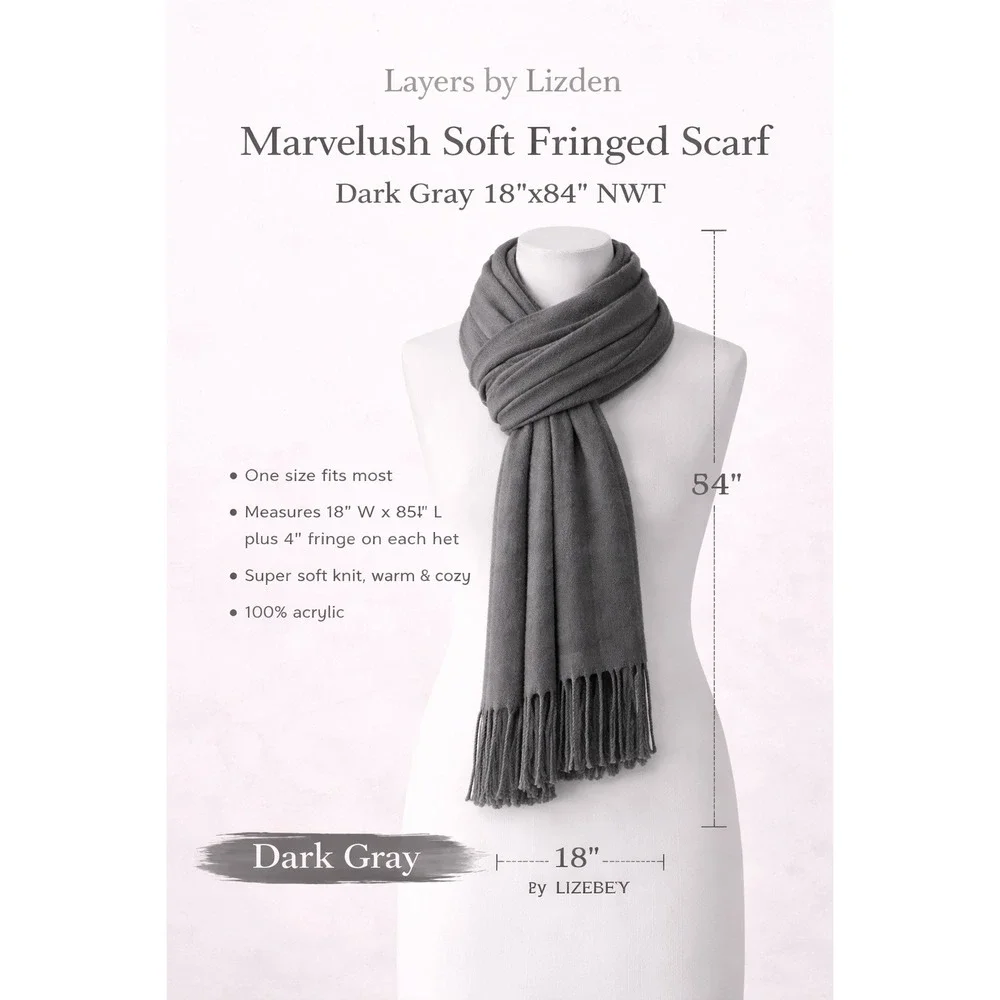 Layers by Lizden Marvelush Soft Fringed Scarf Dark Gray 18x84 Knit Pashmina Wrap